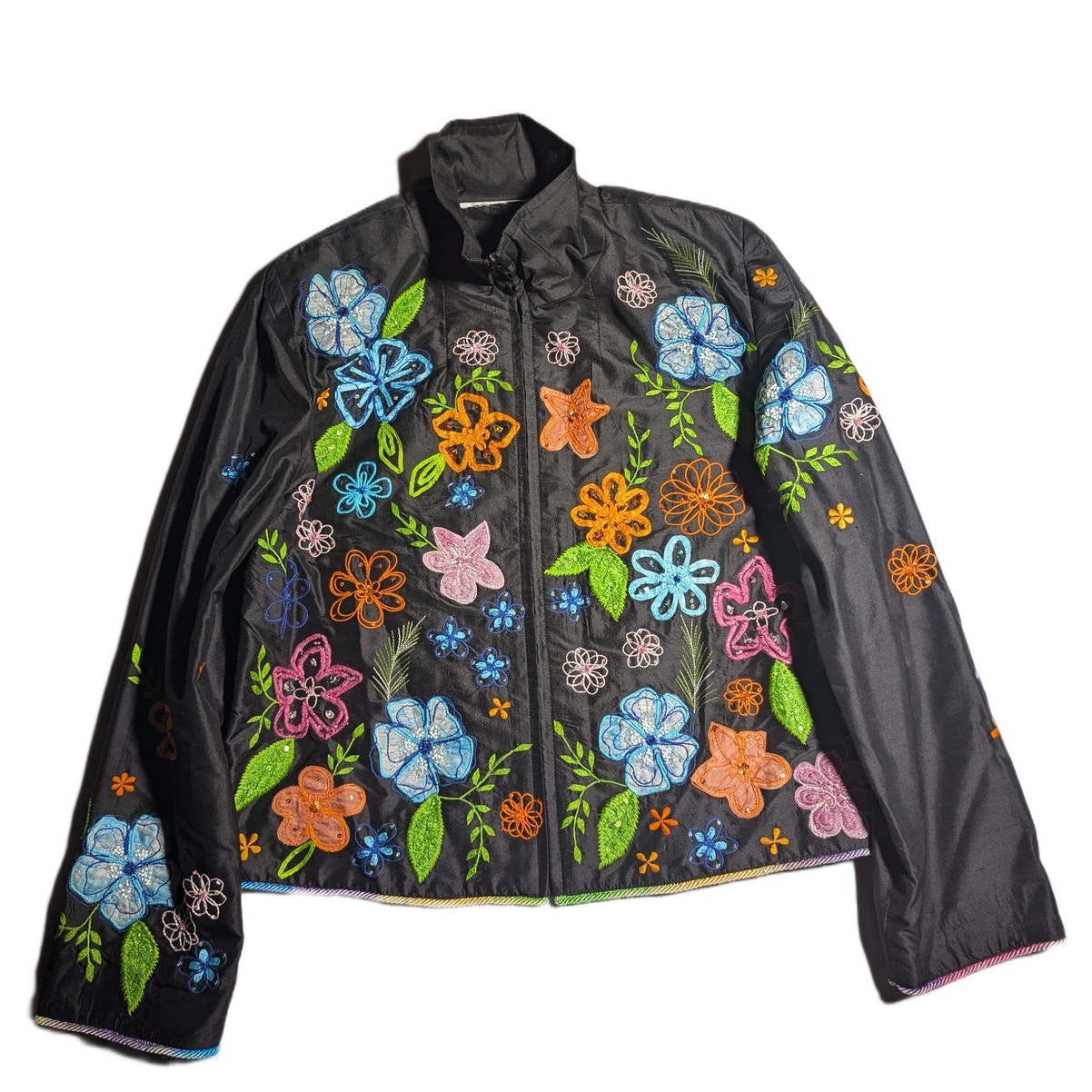 Vtg Y2k Black Colorful Floral Embroidered Silk Full Zip Windbreaker Jacket Sz M